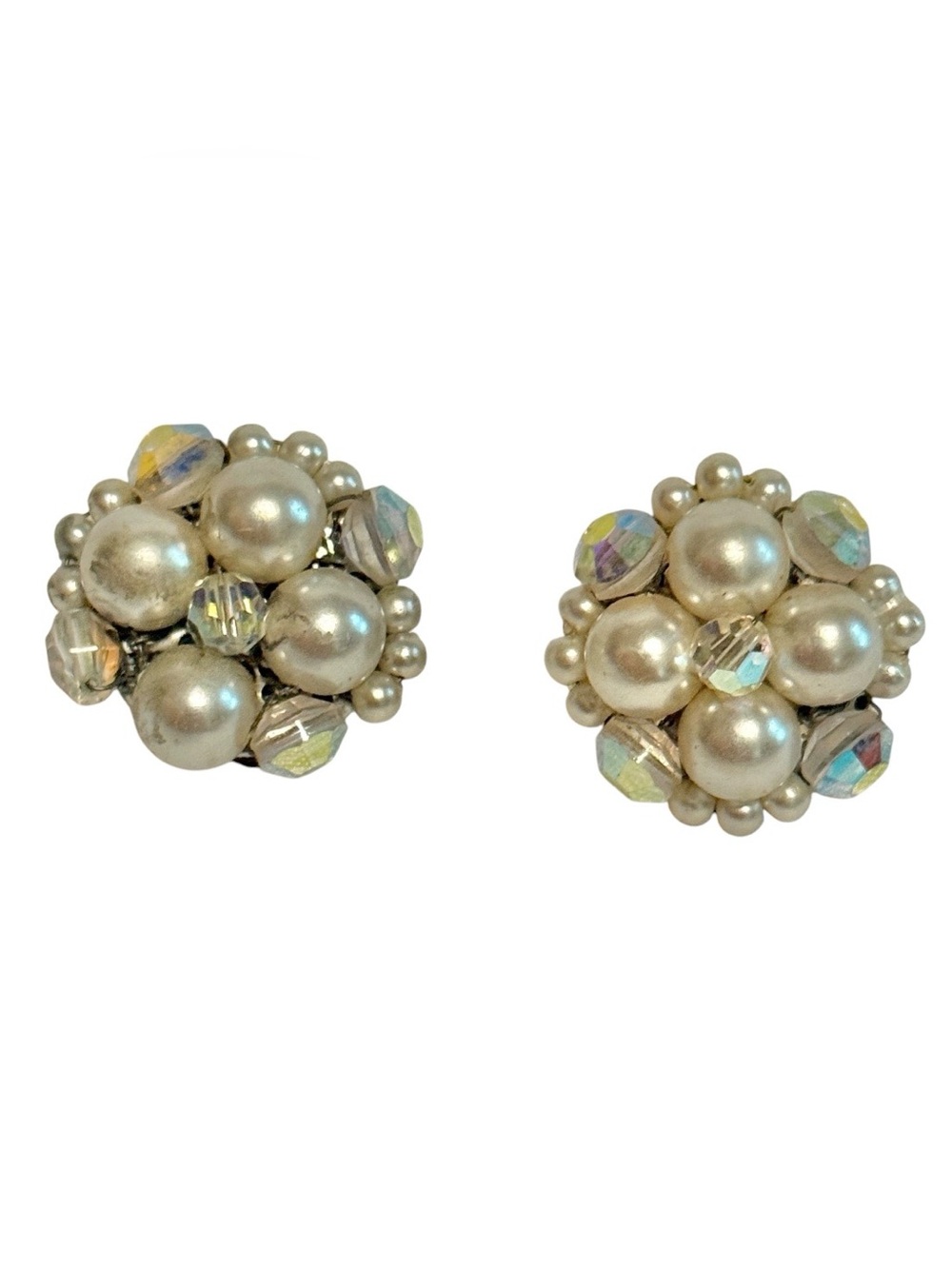 1950’s Classic Pearl Cluster Clip-On Earrings in White with Aurora Beads